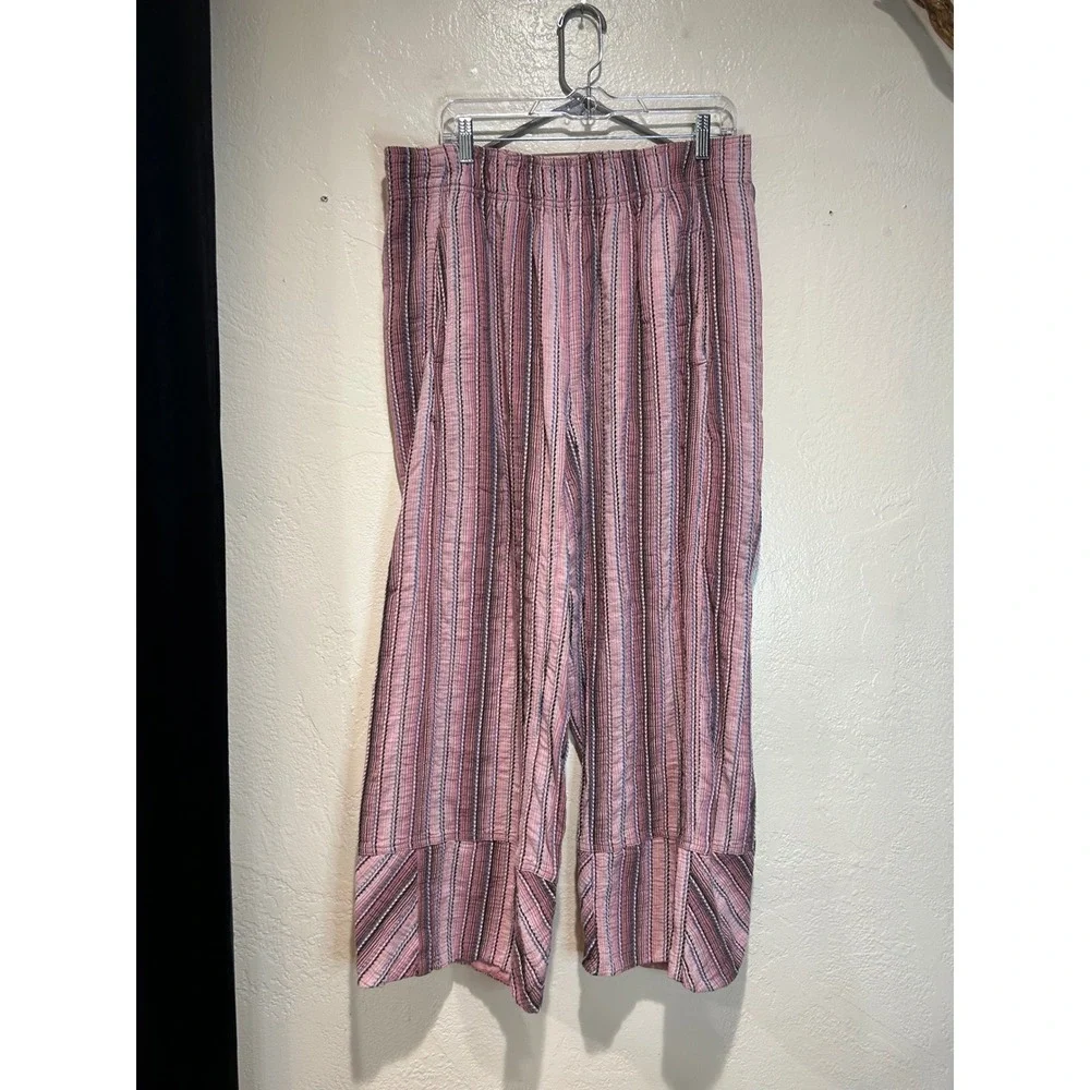 Free People Pink Striped Gauze Wide Leg days end Pant XL Boho Elastic Waist - Picture 1 of 9